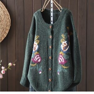 Floral Knit Button-Up Sweater - Green size 2XL